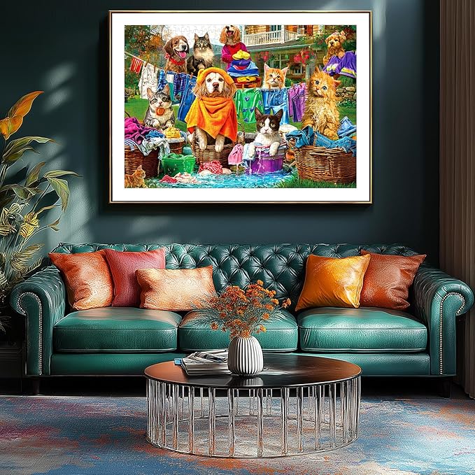 Laundry Day Jigsaw Puzzle 1000 Pieces for Adults, Dogs and Cats Theme, Puzzles for Adults 1000 Pieces Adult Entertainment Puzzle with Colorful Backyard Laundry Scene, Gifts for Easter Mother’s Day