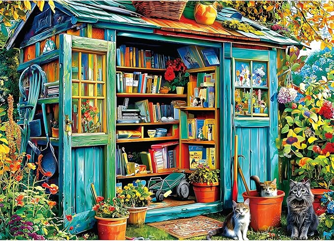 Blueforest 1000 Piece Puzzle for Adults - Cozy Garden Shed Bookshelf & Cats Art, 27.5x19.7 Inches Premium Jigsaw Puzzle for Relaxation & Home Decor