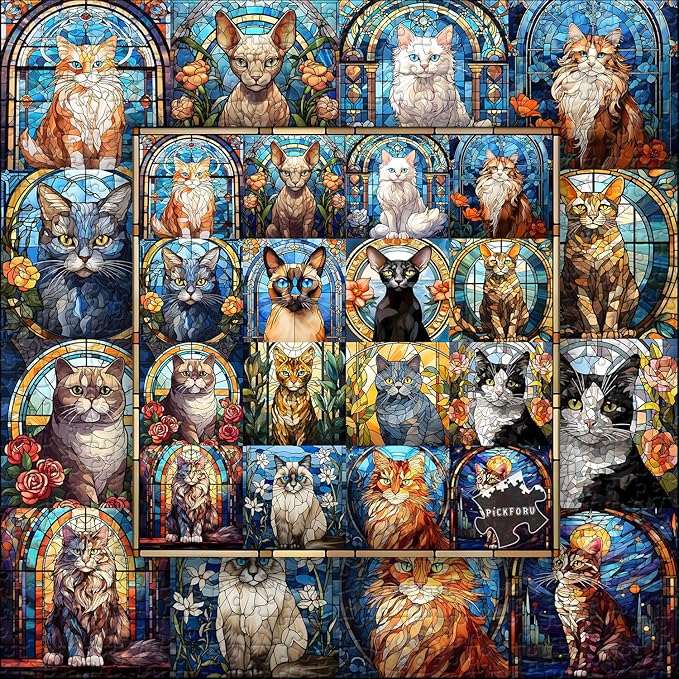 Stained Glass Puzzle Cat Puzzles for Adults 1000 Pieces, Colorful Kitty Kitten Collage Puzzles 1000 Pieces, Hard Difficult Impossible Challenging Jigsaw Puzzles for Adults