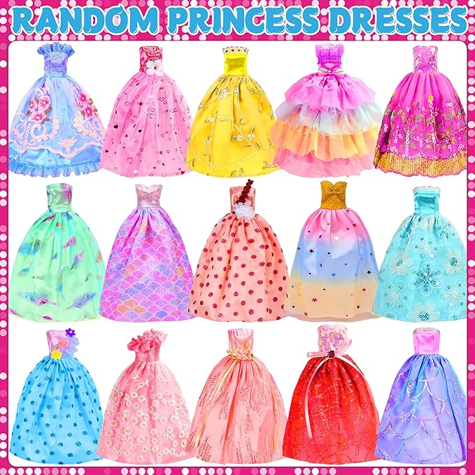 85 Pack Doll Clothes and Accessories, 3 Wedding Gowns 9 Fashion Dresses 3 Tops 3 Pants 1 Bikini Swimsuits 4 Slip Dress 20 Shoes 20 Hangers 28 Accessories for 11-12 Inch Dolls Gift for Ages 6 7 8 9 10