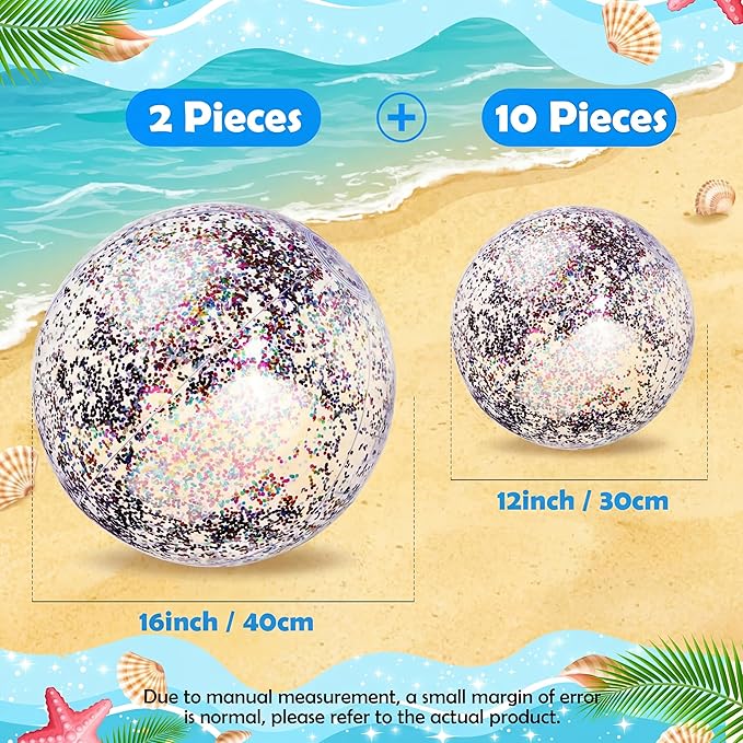 Lewtemi 12 Pcs Inflatable Glitter Beach Balls 16 Inch 24 Inch Shiny Giant Confetti Balls Swimming Pool Beach Blow up Balloon for Outdoor Summer Party Wedding Decor(Multicolored)