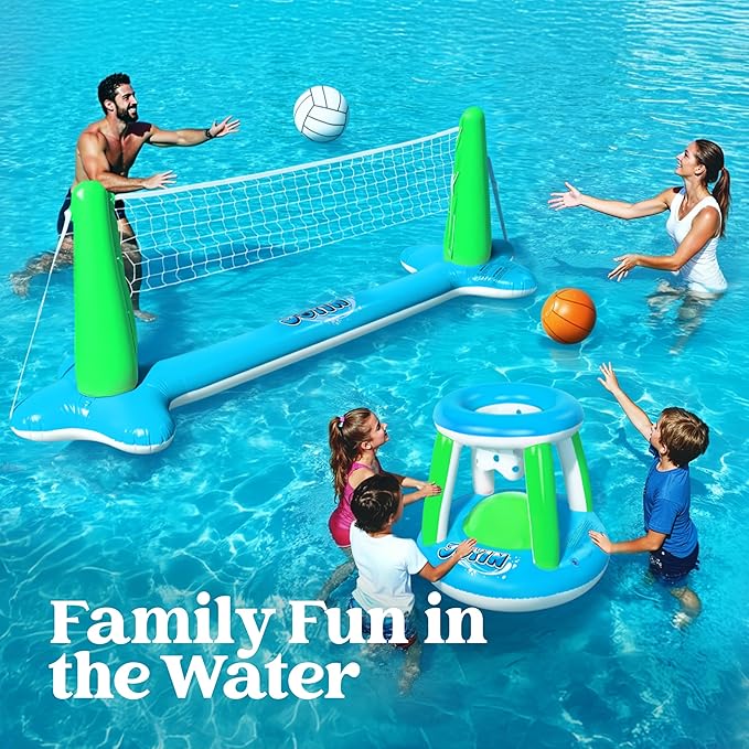 JOYIN Inflatable Volleyball Net & Basketball Hoops Pool Float Set; Balls Included for Kids and Adults, Summer Pool Game, Floaties, Volleyball Court (105”x28”x38”) Basketball (27.6”x23”),Green,Blue