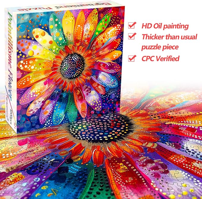 Bgraamiens Puzzle-Colorful Rainbow Pointillisme Gerbera Flower Jigsaw Puzzle 1000 Pieces Puzzles for Adults,Flower Artwork for Adults,Color Challenging Puzzle