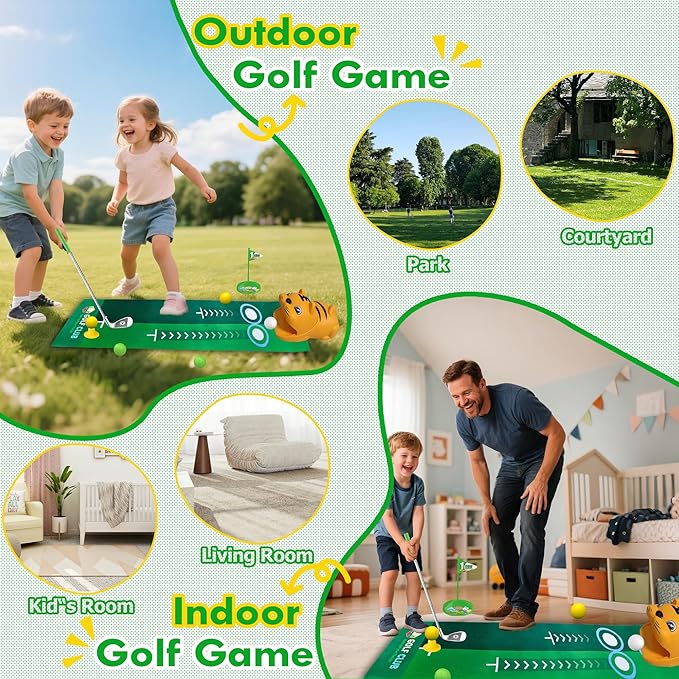 Toddler Golf Set with Tiger Automatic Returner, LED Light Up Balls, 3 Clubs, Putting Mat, BPA-Free 3-8 Years Kids Golf Set Yard Game Indoor Outdoor Sports Toys for Boys Girls Birthday Gifts