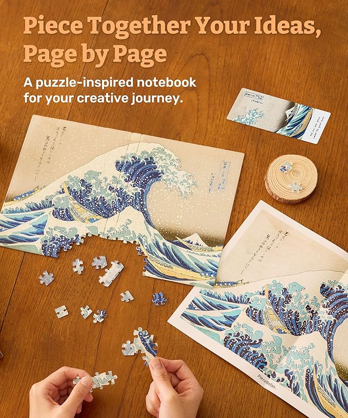 PieceRelax A5 3D Puzzle Journal for Adults, 300 Piece Plastic Jigsaw Book Cover (Includes Notebook) - Katsushika Hokusai - The Great Wave, Unique Gift [YA1066]