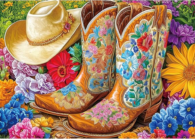 Cowboy Boot & Hat 300 Piece Puzzle for Adults, Fun Puzzles for Adults 300 Pieces with HD Print Poster,17" X 11" Dust Free, for Gifts Birthday Holiday Party Family Games Lovers