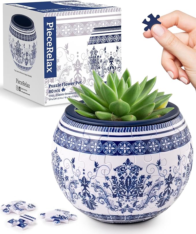 PieceRelax 3D Puzzle Planter - Classic Ornamental Style - Small Round Plant Pots with Drainage, for Mom, Home Decor Flower Pots for Indoor Cactus, Succulents Pots [K1103]