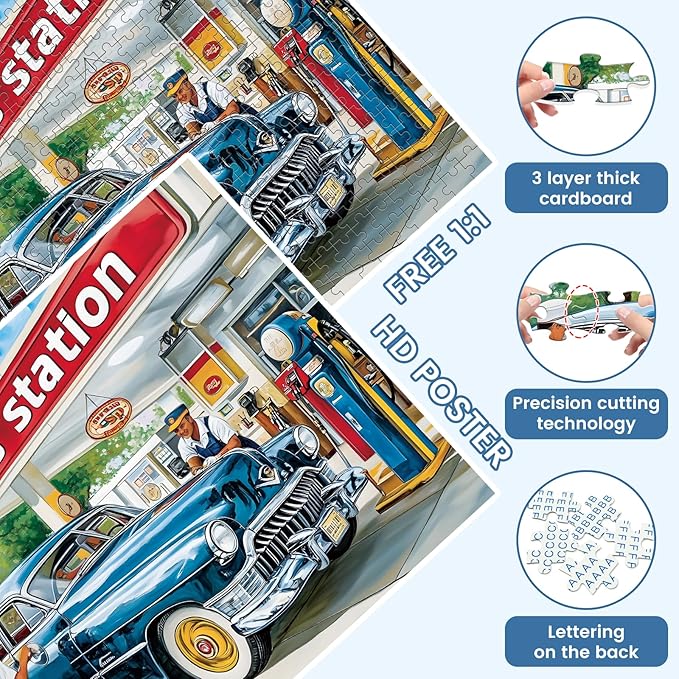 500 Pieces Jigsaw Puzzles for Adults, Gas Station Puzzle for Adults Seniors, Retro Style Puzzle 500 Pieces, Gift for Birthday, Home Decor, Fun for Family Entertainment(20.5 * 15 in)