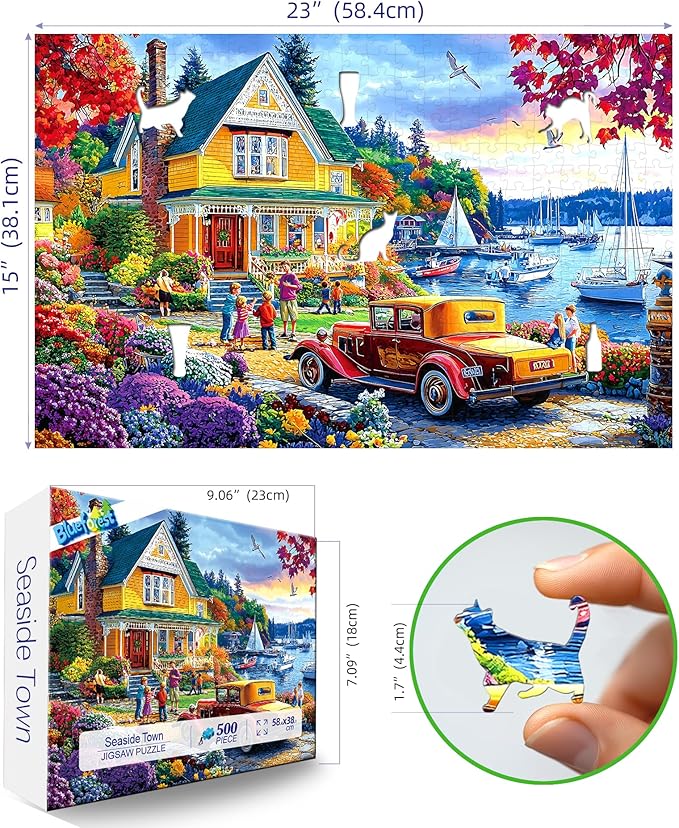 500 Piece Jigsaw Puzzles for Adults Autumn Harbor Cottage Scenic Puzzle Seaside Vibrant Fall House Scenery Puzzles for Seniors & Families, Fun Relax Puzzles with Letters on Back, 23x15 Inch
