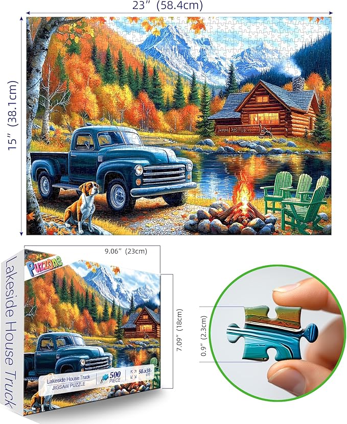 500 Pieces Jigsaw Puzzles for Adults, Mountain Wooden House with Vintage Truck, Campfire & Lake Landscape Puzzles for Party Game Family Decoration Gifts, Finished Size 23" x 15"