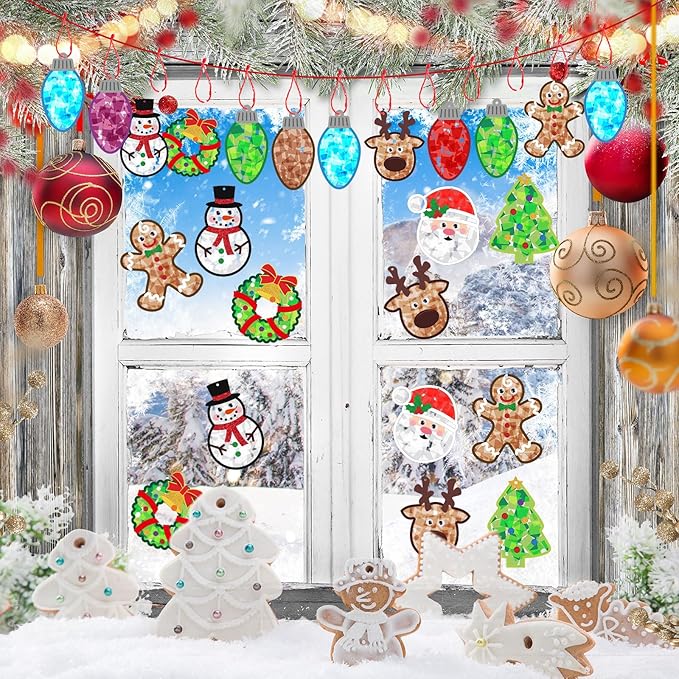 24 Sets Paper Crafts Kit with Colored Tissue Paper Sticker Tools Hanging Ornaments Suncatcher for Window Classroom Activity(48 Sets,Christmas)