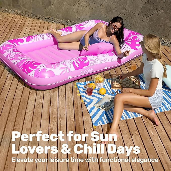SLOOSH Inflatable Tanning Pool Lounger Float, 85" x 57" Extra Large Pool Floats Adult with Pillow, 4 in 1 Suntan Tub Raft Floatie,Sunbathing Bed Lounge Blow Up Ball Pit Party Gifts, XL-Hot Pink