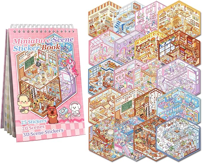 20 Sets 3D Sticker Scenes for Kids, Create Your Own Scene Sticker Book, Cute Kawaii Mini 3D Scene Stickers, Therapy Stickers for Stress Relief, Gifts for Holiday Christmas, Easter Basket Stuffers