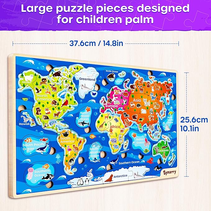 SYNARRY Large USA World Wooden Puzzles for Kids Ages 4-6, Learning United States World Maps Puzzles for Kids Ages 6-8, Wood Jigsaw Puzzles Educational Games Toys for Boys Girls Ages 3-8, Easter Gifts