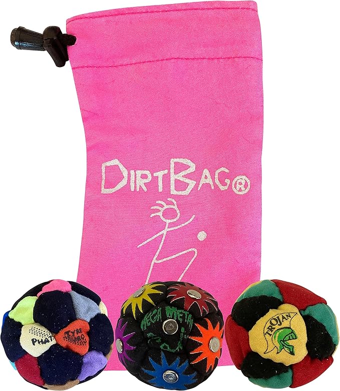 DIRTBAG Lover Footbag 3-Pack with Pouch, Includes Three Original and Unique Premium Quality Hand Sewn Footbags and Carry Pouch.