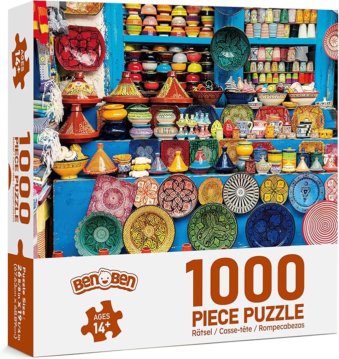 BenBen 1000 Piece Jigsaw Puzzle for Adults, Moroccan Pottery, Jigsaw Puzzle with Letters or Patterns on Back, Challenging Puzzle for Game Night