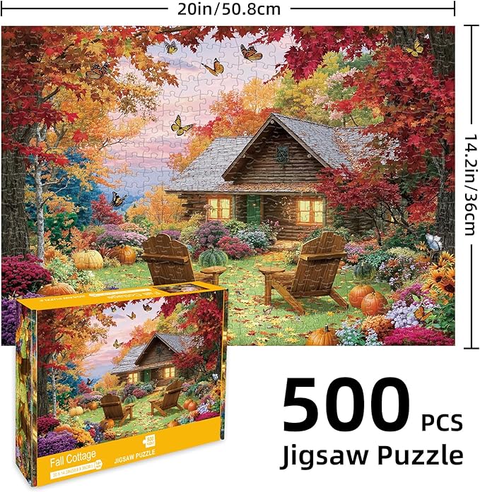 Sutinban Fall Cottage 500 Pieces Puzzle for Adults, Thanksgiving Colorful Autumn Nature Jisgaw with Plant Pumpkin, Challenging Puzzle for Home Decor & Gift