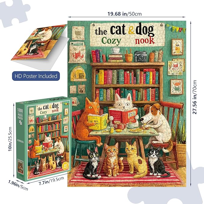 1000 Piece Puzzle for Adults, Challenging Cozy Nook Bookshelf Cat Jigsaw Puzzles, Premium Matte Finish, 27.56 x 19.68 Inches, Perfect for Game Nights