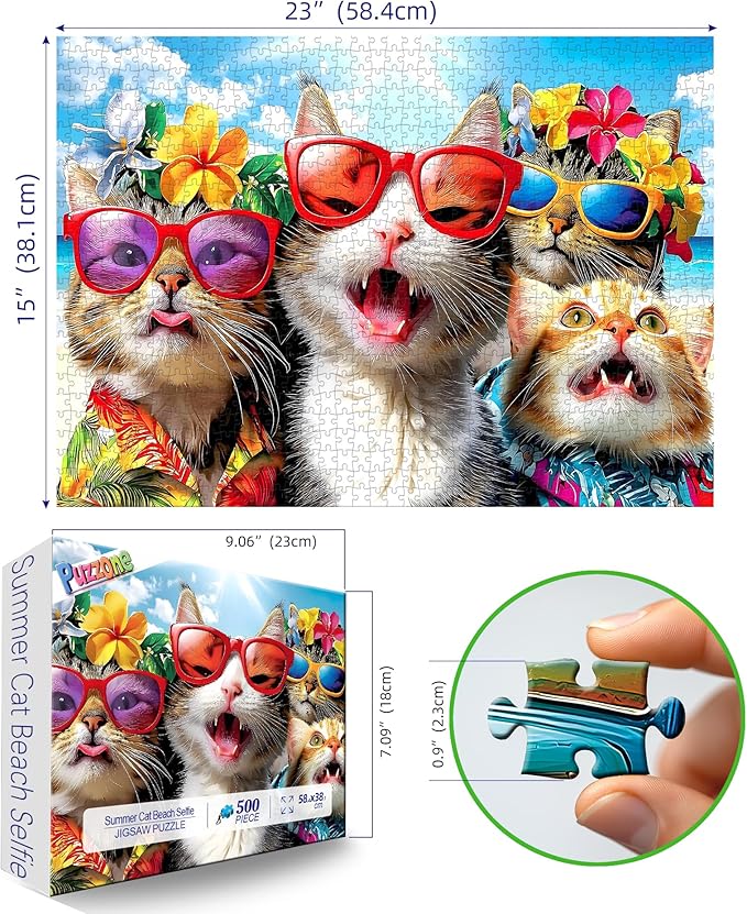 Jigsaw Puzzles 500 Pieces for Adults Cat Beach Selfie Summer Theme Puzzle for Family Fun Challenging, Party Game Fun Animal Gifts Decoration (23 x 15 Inch)