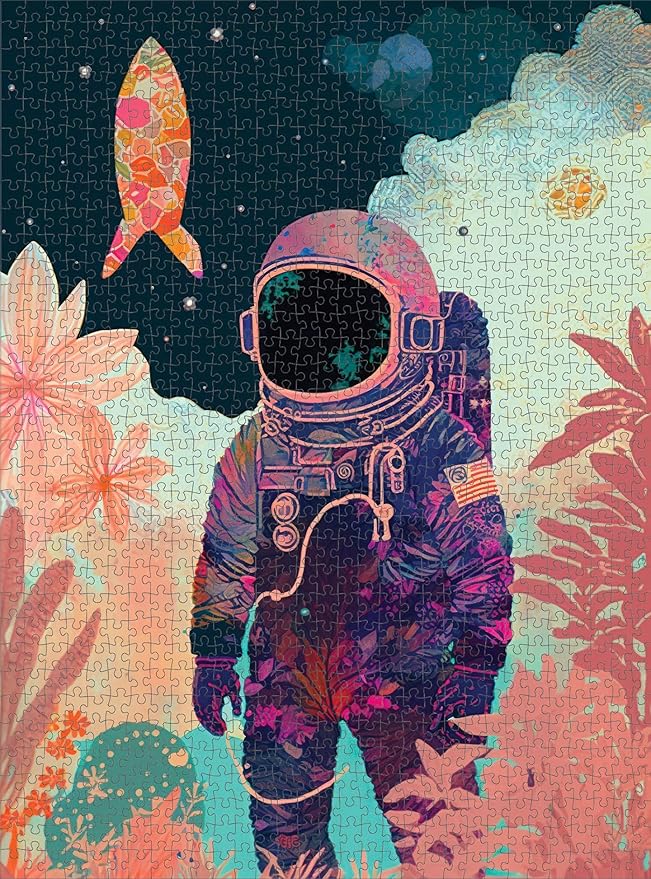 Cross & Glory - Tropics on The Moon - 1000 Piece Jigsaw Puzzle for Adults | Stunning Artwork of Astronaut and Tropical Plants on The Moon | Challenging Puzzle for Space Lovers Pieces