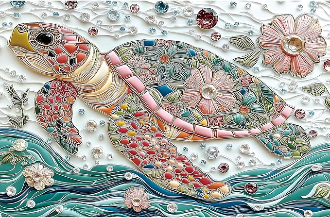 300 Piece Jigsaw Puzzle for Adults Mosaic Sea Turtle Mbroidery with Vibrant Gem & Floral Details Puzzle Colorful Beautiful Underwater Sea Puzzle with Letters on Back Ideal for Seniors &Game Nights