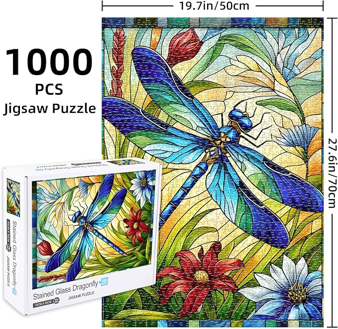 Sutinban Stained Glass Dragonfly 1000 Piece Puzzles, Jigsaw Puzzle 1000 Pieces for Adults, Coolest Adult Puzzles for Happy Family Time, Great Gift for Jigsaw Puzzle Lovers, 27.5’’x19.7’’