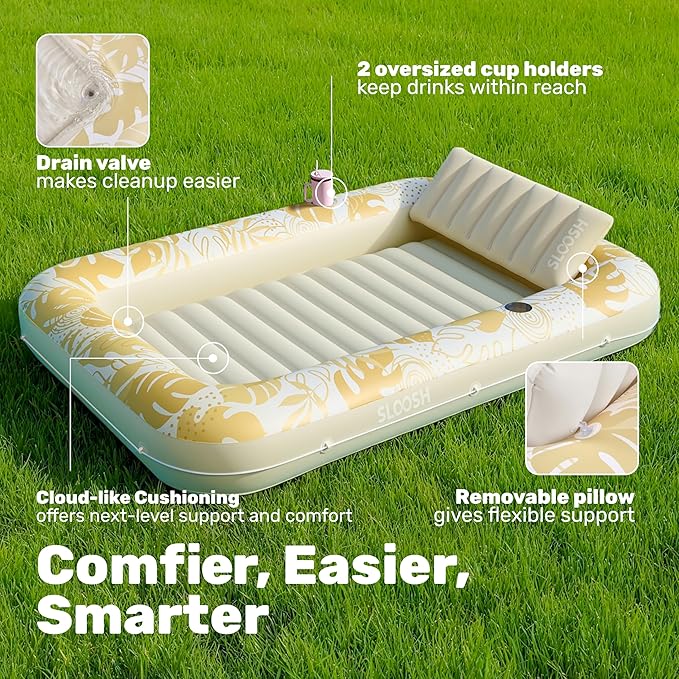 SLOOSH Inflatable Tanning Pool Lounger Float, 85" x 57" Extra Large Pool Floats Adult with Pillow, 4 in 1 Suntan Tub Raft Floatie,Sunbathing Bed Lounge for Water Blow Up Ball Pit, XL-Golden White