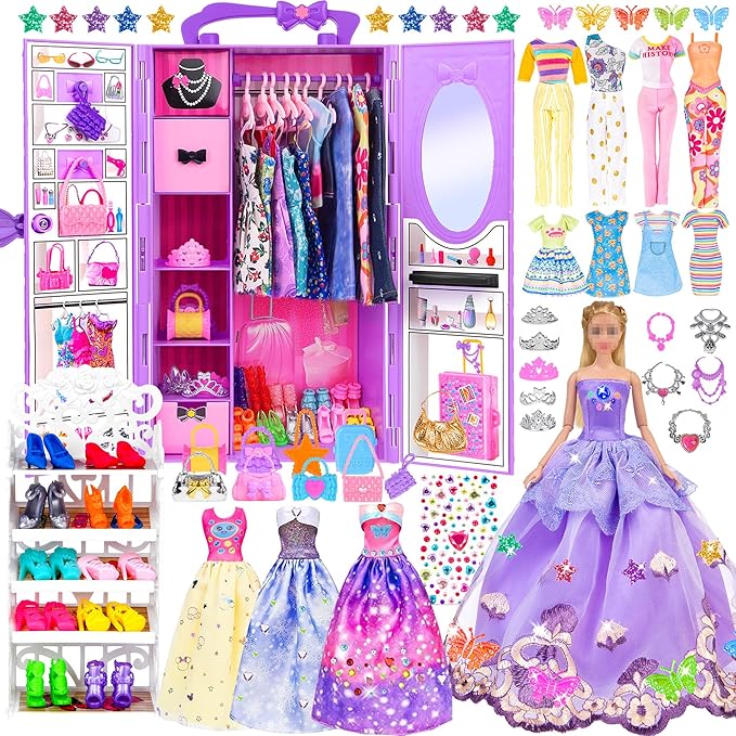iBayda 91pcs 11.5 Inch Girl Doll with Clothes, Accessories and Closet - Princess Gowns, Fashion Dresses, Outfits, Swimsuits, Shoes, Hangers - Dress Up Toys for Girls, Kids, Toddlers (Doll Included)