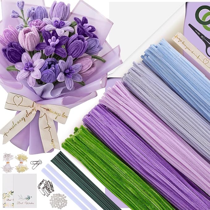 500 Pcs Pipe Cleaners Craft Kit for Flower Making, Complete DIY Bouquet Set with Chenille Stems, Craft Wire, Stamen, Tape, Ribbon & More, Perfect for Arts, Handmade Gifts & Decorations
