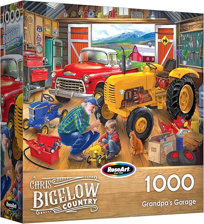 RoseArt - Bigelow Country - Grandpa's Garage - 1000 Piece Jigsaw Puzzle, Nostalgic Cars and Vintage Scene Puzzle for Adults