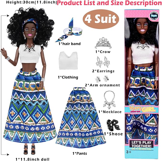 dollbie 6 Pack African American Fashion Dolls Set with Mix & Match Outfits – 11.5" Posable Black Dolls & 5 Accessories Each (Crown, Necklace, Headscarf & More) + Pink Gift Case