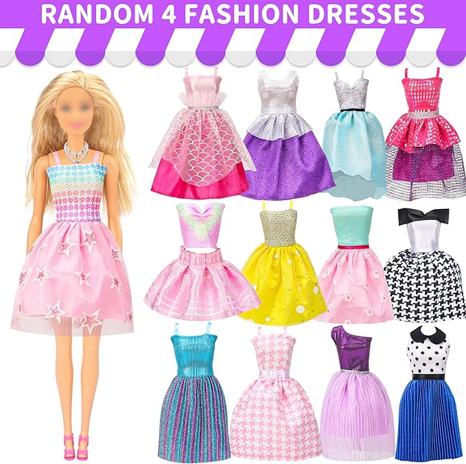 Style Shine 90 Pcs Doll Clothes and Accessories,2 Wedding Gowns 2 Evening Dresses 6 Fashion Dresses 4 Set Casual Outfit Top and Pant 2 Swimsuit,20 Hanger 10 Shoe 41 Accessories Toys for Girls Kid Gift