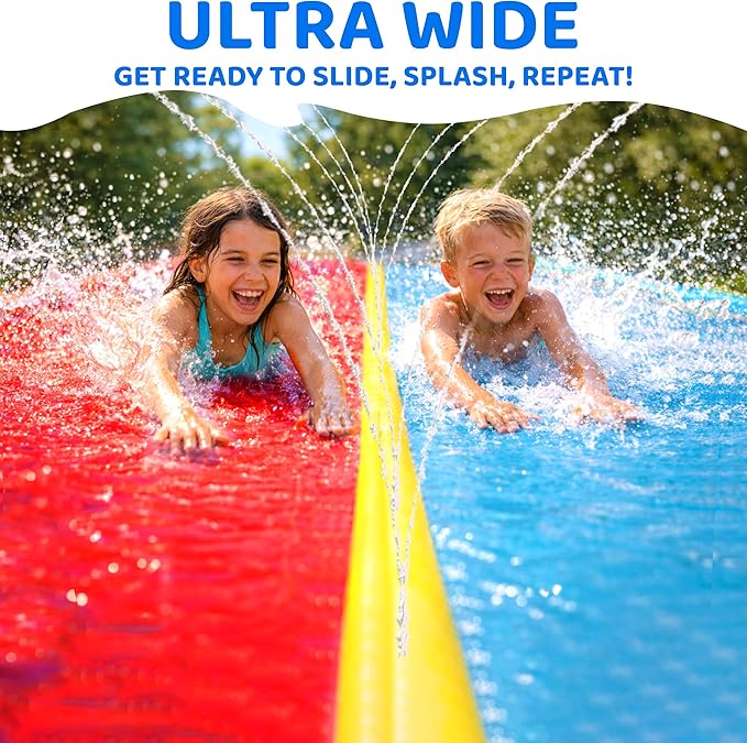 JAMBO Premium 24Ft Budget Slip Splash and Slide, Heavy Duty Water Slide with Advanced Sprinkler System, Backyard Waterslide, Splash Mat, Outdoor Water Toys n Slides for Kids