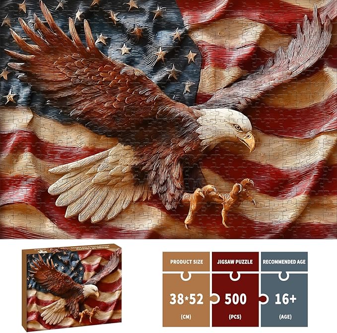 Puzzles for Adults 500 Pieces, Eagles Jigsaw Puzzles - Wings of Liberty, Impossible American Flag Puzzles for Seniors Family, 20.47x14.96 inches, 1:1 Poster, Letter on the Back