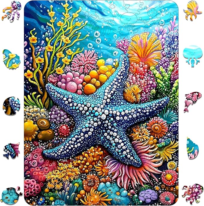 Mocfesk Wooden Puzzles for Adults, Starfish Wooden Puzzles 200 Pieces, Unique Shaped Underwater Ocean Jigsaw Puzzles for Adults and Kids, Birthday Gifts Fun Family Game 11.8 x 8.8 in