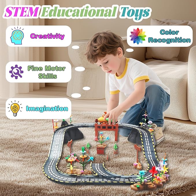 153PCS Magnetic Tiles Road Set with Toy Car & Flowers Building Toy, Magnet Tiles for Kids, Magnetic Building Blocks, STEM Toy Gift for Boys and Girls, Garden Track Themed