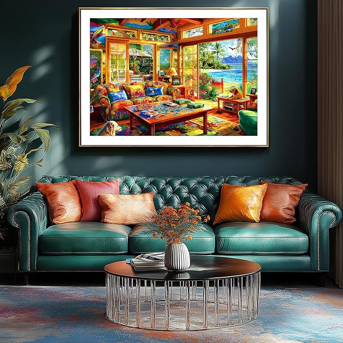 Tropical Living Room 1000 Piece Jigsaw Puzzle for Adults Beach View Scene Vibrant Palm Trees and Ocean Scenery Adult Puzzles 1000 Pieces Games Gift for Game Night (27.6"x19.7")
