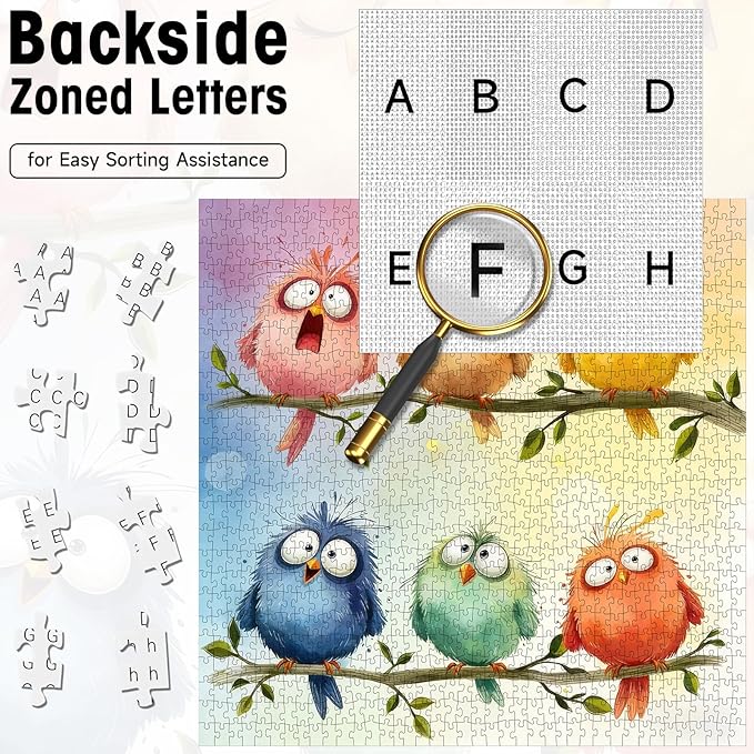 Funny Birds 1000 Piece Puzzle for Adults, Puzzles with Letters on Back, 6 Cute Cartoon Birds Pastel Watercolor Spring Garden, 22.8x22.8 Wall Art, Challenging Family Game, Easter