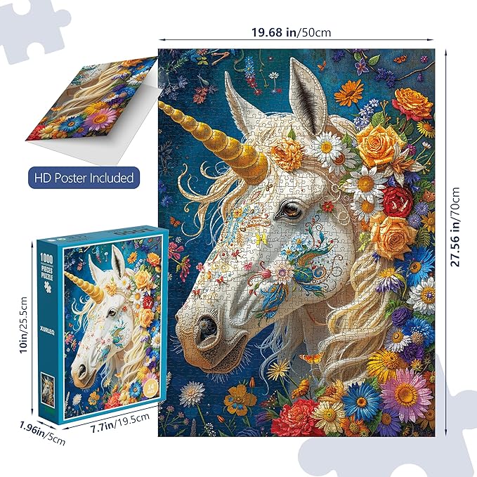 Divine Bloom Steed 1000-Piece Jigsaw Puzzle for Adults –Challenging Enchanted Unicorn with Flower Mane Art, Premium Matte Finish, 27.56 x 19.68 Inches, Perfect for Game Nights