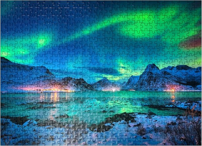 MyPuzzle Aurora Borealis Over Sea Coast, Lights At Night. Northern Lights On Lofoten Islands, Norway - Premium 500 Piece Jigsaw Puzzle for Adults