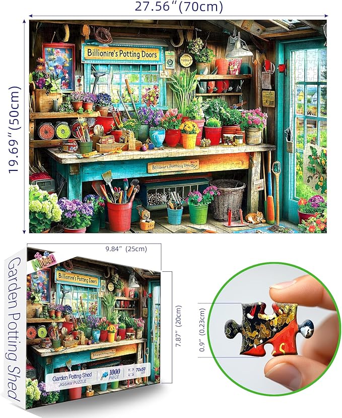 MINIWAN Billionaire's Potting Shed Garden Puzzles for Adults 1000 Pieces, Cozy Gardener's Workbench with Flowers Cat Jigsaw Puzzle, Gift for Garden & Cottagecore Lovers 27.5x19.7 Inch