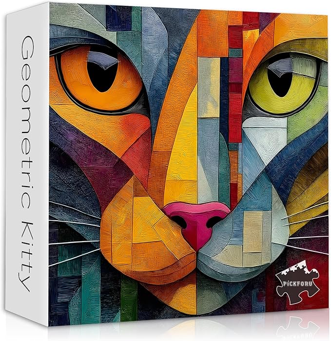 Colorful Abstract Cat Puzzles for Adults 1000 Pieces, Geometric Kitten Face Jigsaw Puzzle, Impossible Difficult Hard Challenge for Adults, Modern Home Wall Decor Art