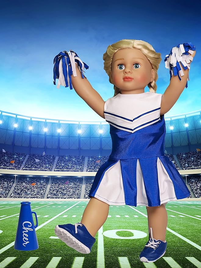 American Fashion World Blue Cheerleading Outfit for 18-Inch Dolls | Accessories Included | Premium Quality & Trendy Design