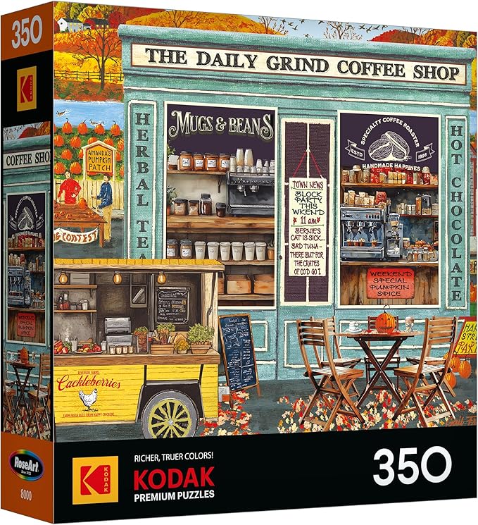 RoseArt - Kodak Premium - The Daily Grind Coffee Shop 350 Piece Jigsaw Puzzle - Cozy Autumn Coffee Shop Scene – Adult Puzzle – Finished Size Approx. 18" x 24", Made in USA