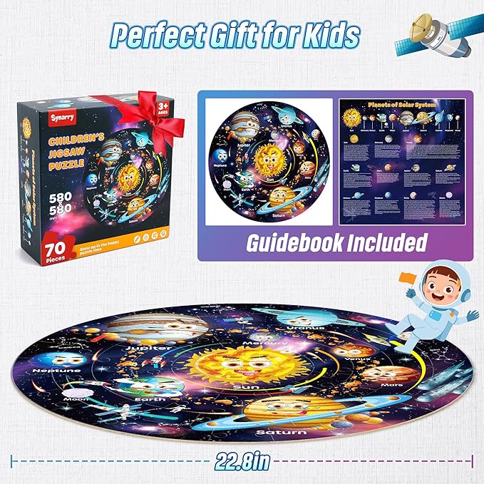 SYNARRY Solar System Floor Puzzles for Kids Ages 4-8, Large 70 Piece Jigsaw Puzzles for Kids Ages 4-6, Space Planet Astronaut Toys Puzzles, Preschool Learning Toys, Easter Basket Stuffers for Boy Girl
