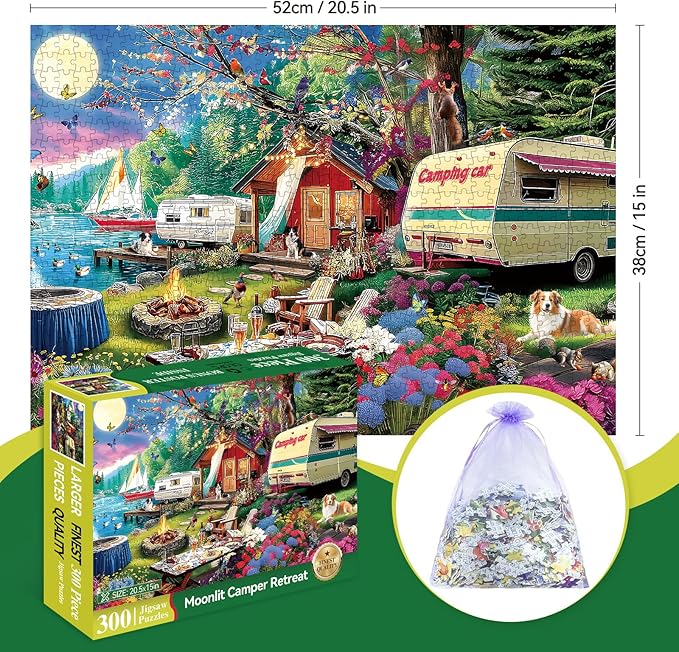 300 Piece Puzzles for Adults, 300 Piece Puzzles for Adults Large Piece, Moonlit Night Lake Camping Adventure Jigsaw Puzzle, Challenging Puzzle Perfect for Game Nights, 20.5 X 15 in
