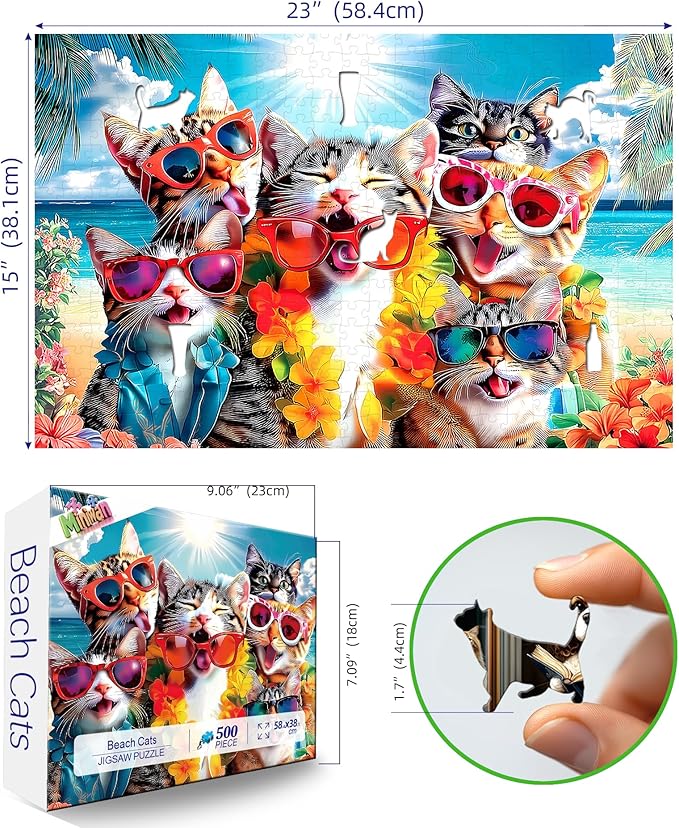 MINIWAN 500 Piece Puzzles for Adults - Cool Beach Cats Sunglasses Jigsaw Puzzle, 23x15 Inches with Unique Irregular Shaped Pieces for Relaxation & Home Wall Decor
