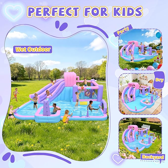 10-in-1 Inflatable Water Slide for Kids Giant 19.3Ft x 16.6Ft Backyard Water Park with Dual Slides, Deep Pool, Outdoor Bounce House Water Slide with Sports Zone, Includes 850W Blower