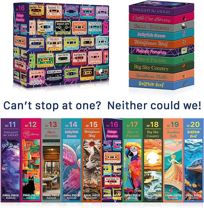Mixtape Memories (No. 16) – 1000 Piece Retro Jigsaw Puzzle for Adults | Printed in USA | Satin Low-Glare Finish | Random Ribbon Cut | Bonus Poster | Premium Display-Worthy Box | Final Piece Puzzles