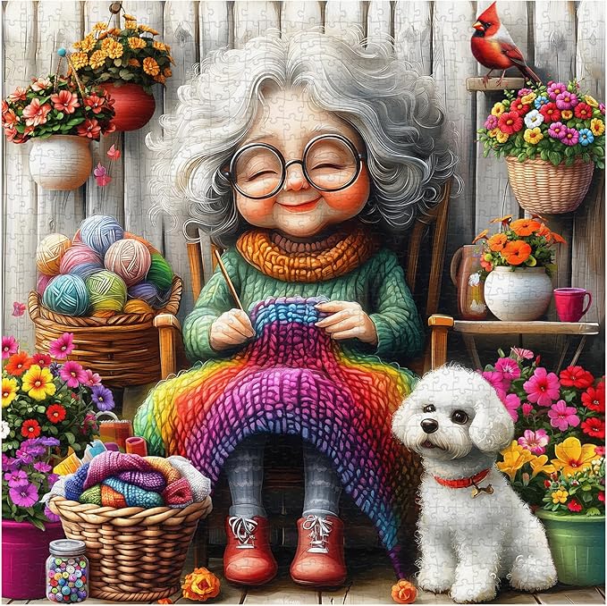Old Woman Puzzles for Adults 1000 Piece, Larkipuzz Challenging Grandma’s Cozy Knit Puzzle Dog Cardinal, Hard Impossible Floral Plant Art Theme as Wall Decor